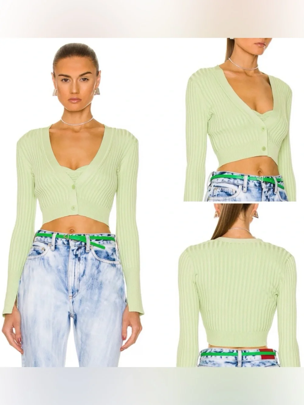 JONATHAN SIMKHAI Compact Rib Cropped Cardigan‎ Bra Top Midi Skirt Set Pear XS/S
